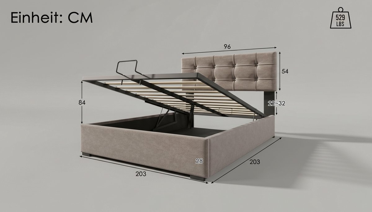 Gestoffeerd Tweepersoonsbed 140x200 cm – Casa Velluto Luxe Hydraulisch Fluwelen Bed met Lattenbodem, Verstelbaar Hoofdeinde, Opberglade, Volwassenen & Jongeren, Modern Grijs (Zonder Matras)