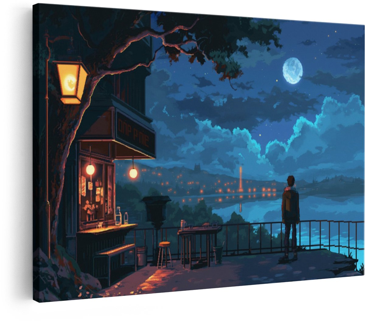 Artaza Canvas Schilderij Pixel Art - 120x80 cm - Wanddecoratie Stad Bij Nacht - Muurdecoratie Volle Maan - Decoratie Slaapkamer