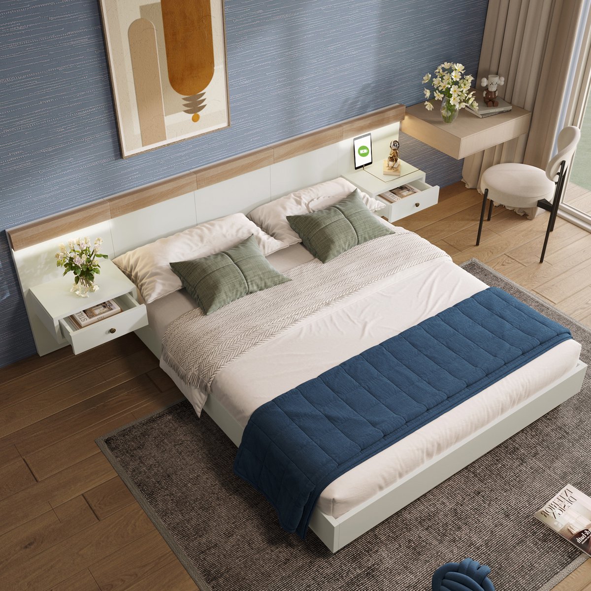 MIVRAY Tweepersoonsbed 160x200cm - Met Led Nachtkastjes En Oplaadpunten - Met Lades - Zwevend Effect - Hout - Wit Eik - Zonder Matras Naturel