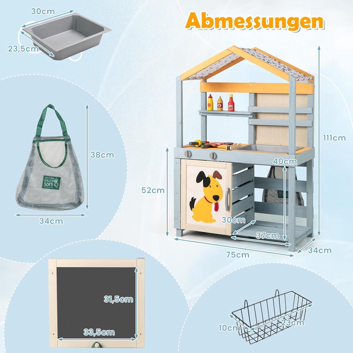 KOMFOTTEU 2-in-1 Modderkeuken Hout voor buiten, dubbelzijdige buitenkeuken - buiten speelkeuken - voor kinderen vanaf 3 jaar - met krijtbord, barbecue, oven, luifel en barbecueaccessoires — afbeelding 3