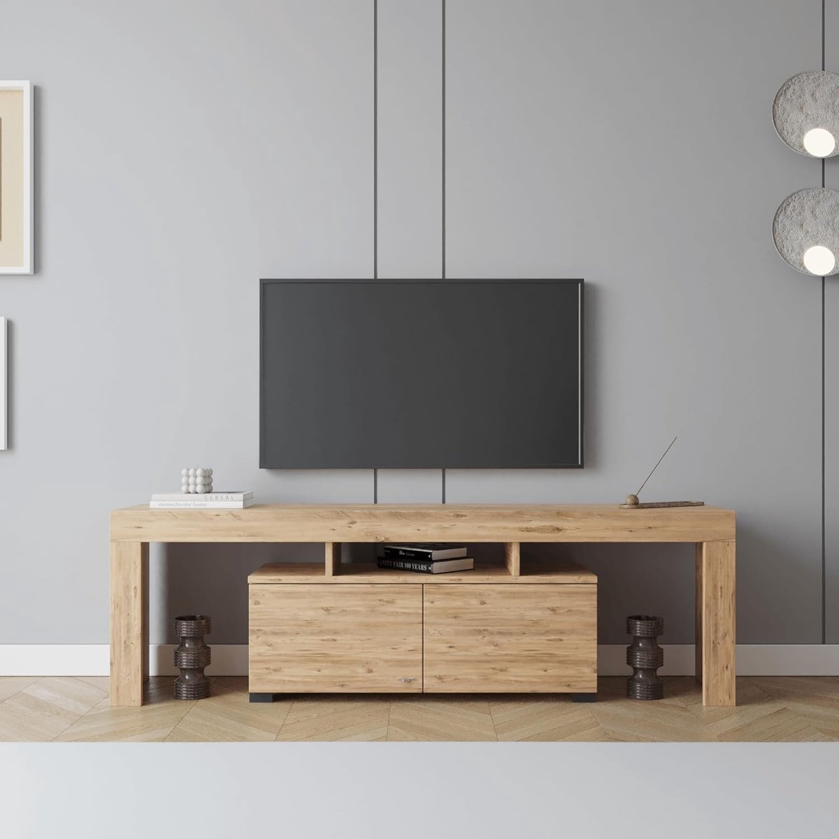 TV-meubel Urbanhome Walnoot – Lowboard met 2 Deuren en Open Plank – Geschikt voor TV’s tot 65 inch – Modern TV-kast voor Woonkamer & Slaapkamer – Kabelbeheer & Veel Opbergruimte