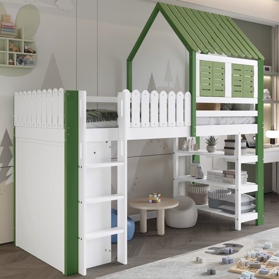MIVRAY Lit Mezzanine 90x200 Cm - Lit Enfant Avec Toit Et Fenêtres Et Protection Contre Les Chutes - Avec Armoire Et Étagère De Rangement Ouverte - Bois - Wit Groen - Sans Matelas