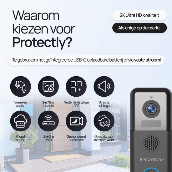 Deurbel met 2K Ultra HD camera, microfoon en luidspreker. Bevat iconen voor tweeweg audio, 24/7 toezicht, Nederlandstalige app, directe meldingen, cloud opslag, 2.4 Ghz WiFi, nachtzicht en weerbestendigheid.
