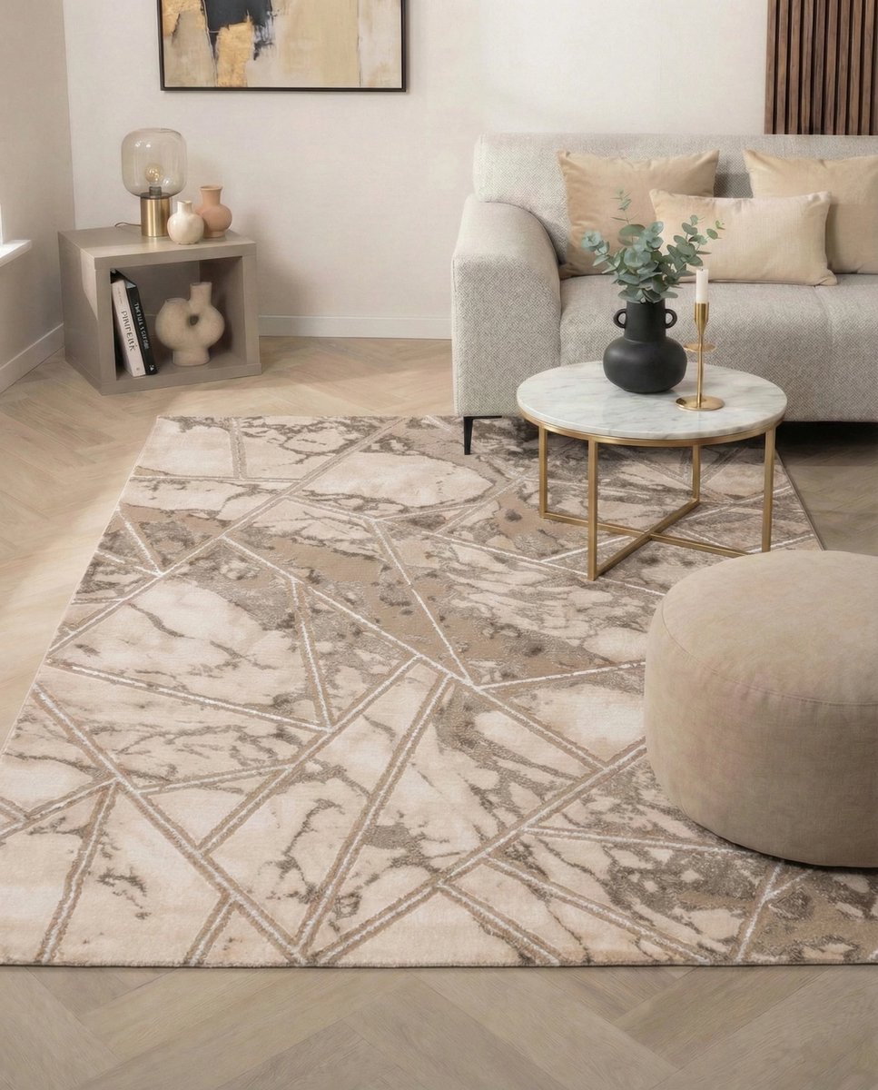 Flycarpets Marble Lines Laagpolig Marmer Vloerkleed - Beige - Luxe Tapijt - 200x290 cm
