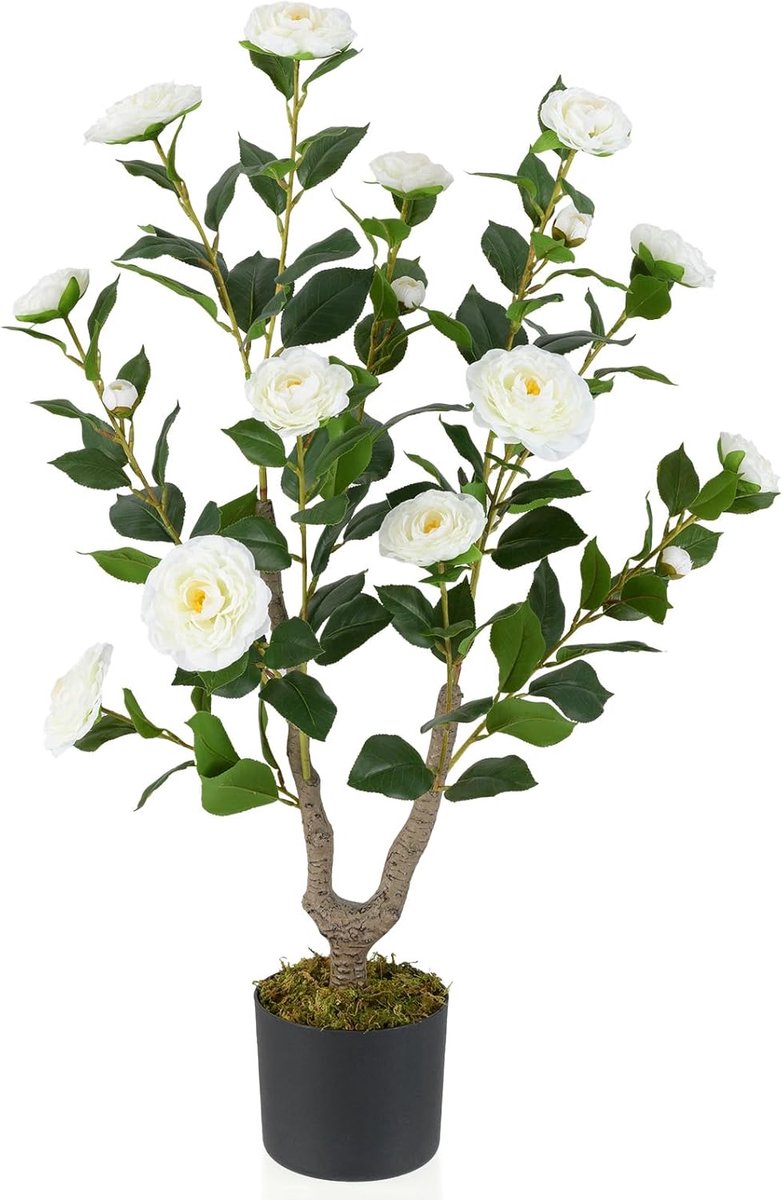 KOMFOTTEU 90 cm kunstboom met 16 bloemen, kunstplant, kunstplant, cameliaboom, kamerplant decoratie in cementpot, decoratieve plant, groene plant met 116 bladeren, kunstbloem, binnendecoratie