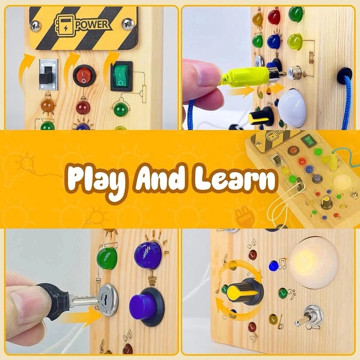 Montessori Busy Board met LED Lichtjes - Houten Activiteitenbord - Educatief Speelgoed 1 Jaar, 2 Jaar, 3 Jaar - Sensorisch Reisspeelgoed voor Peuters - Motoriek Speelgoed — afbeelding 2