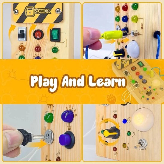 Montessori Busy Board met LED Lichtjes - Houten Activiteitenbord - Educatief Speelgoed 1 Jaar, 2 Jaar, 3 Jaar - Sensorisch Reisspeelgoed voor Peuters - Motoriek Speelgoed van Merkloos — afbeelding 2