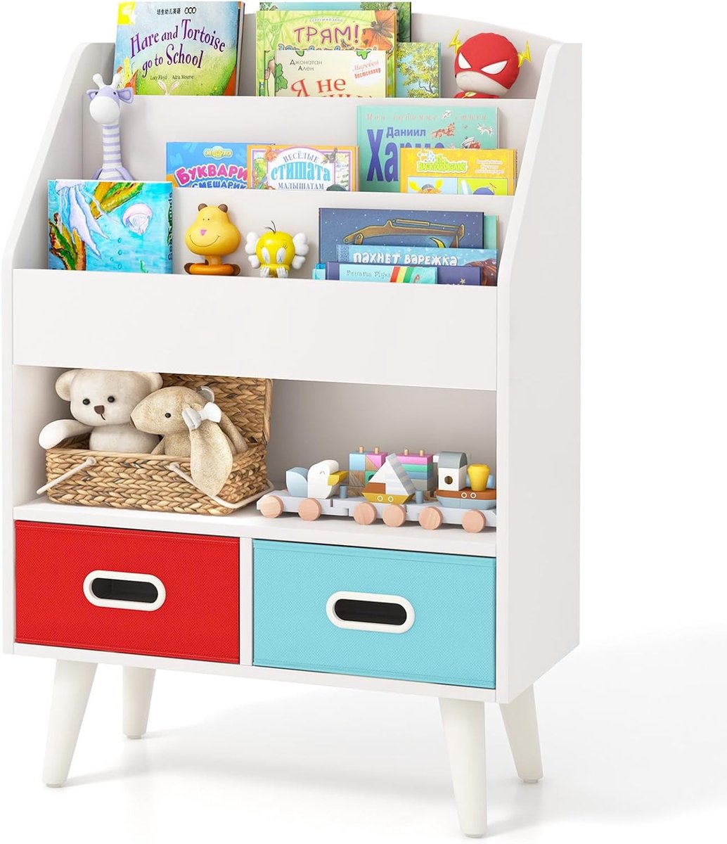 KOMFOTTEU Boekenkast voor kinderen, kinderrek met 3 verdiepingen, open vak, 2 opvouwbare laden en kantelbeveiligingssets, speelgoedrek voor kinderkamer, speelkamer, kleuterschool (wit)