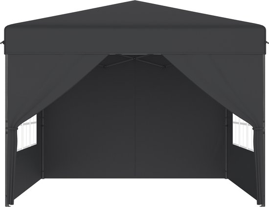 Zwarte partytent met gesloten zijwand aan de achterkant, witte raamdetails zichtbaar.