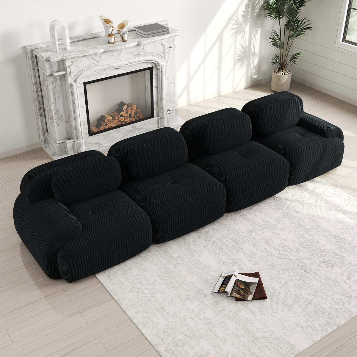 OKWISH Modulaire Hoekbank 4-Zits - Vrij Te Combineren Zonder Montage - Zachte Ribstof - Antislip Onderzijde - Voor Woonkamer Slaapkamer Kantoor - Zwart
