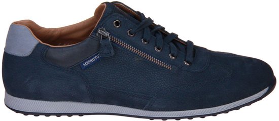 Sneaker Mephisto bleu marine avec fermeture éclair et lacets, vue de côté. Intérieur en suède marron.