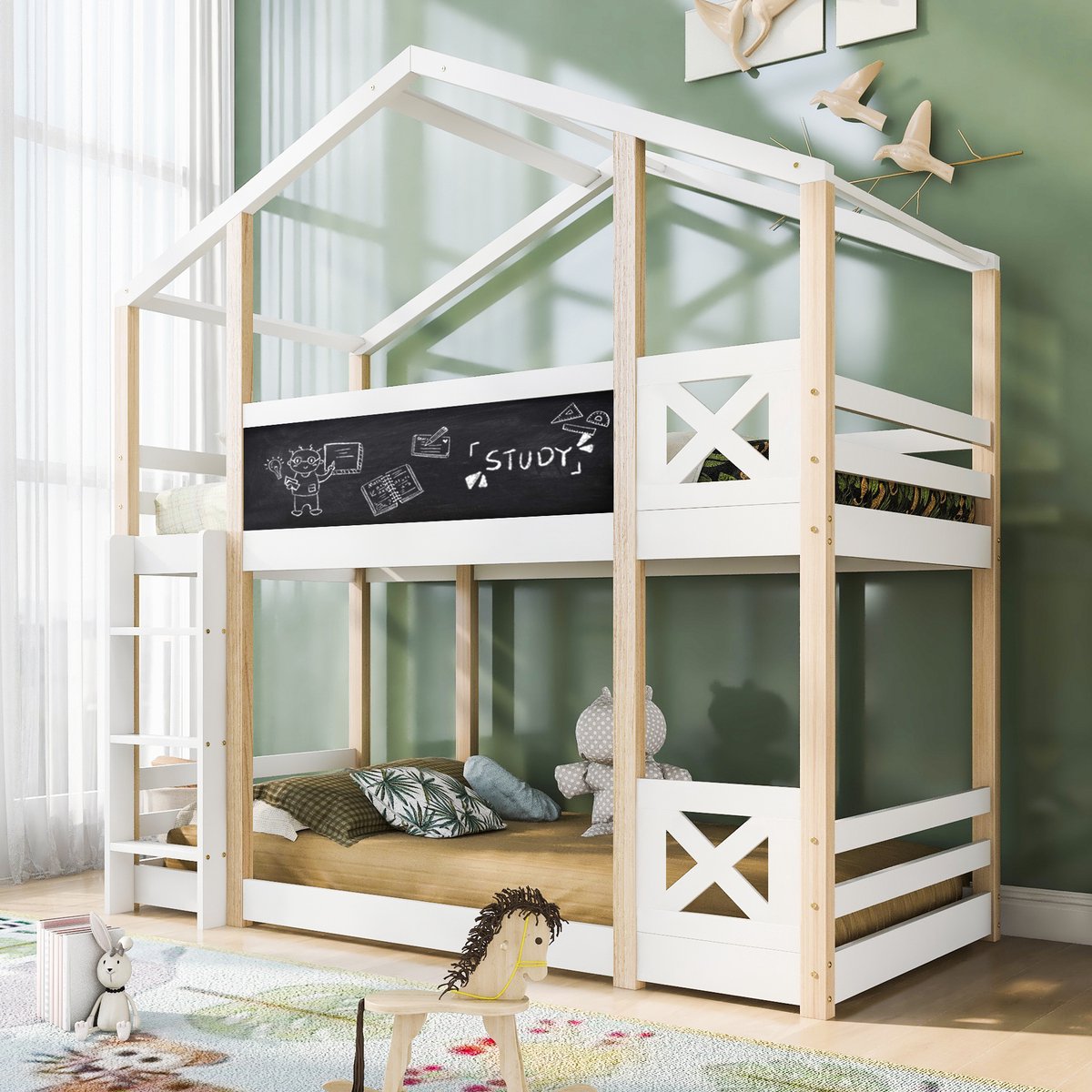 REDOM Luxe Boomhutbed / Stapelbed (90x200) - Houten Huisbed met Krijtbord & Uitvalbeveiliging - Wit/Naturel