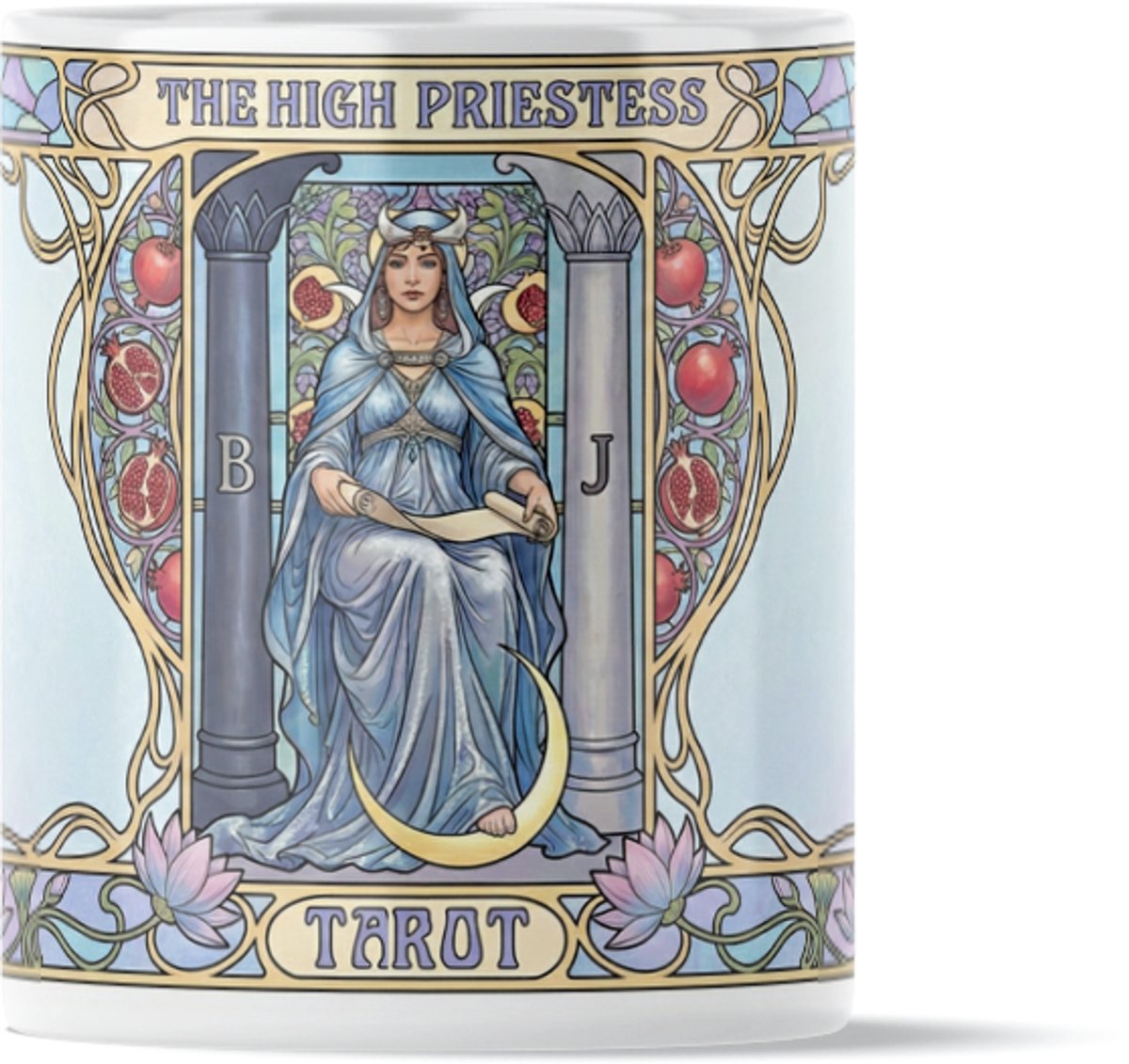 Mystieke Tarot Mok "The High Priestess" (De Hogepriesteres) – Art Nouveau Design met Maan & Lotus - Spiritueel Cadeau voor Intuïtie & Wijsheid voor Vrouw - Blauw & Zilver - Vintage Stijl Illustratie