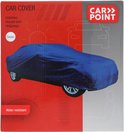Verpakking van een blauwe autohoes voor een sedan, met afbeelding van een auto en tekst.