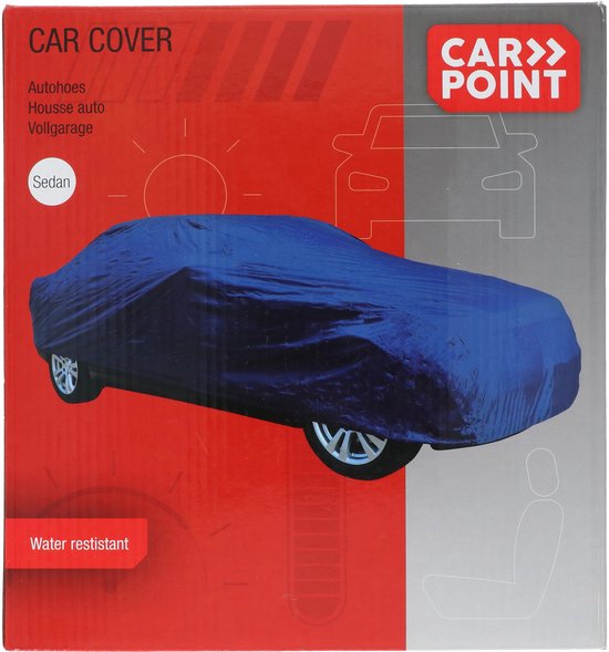 Verpakking van een blauwe autohoes voor een sedan, met afbeelding van een auto en tekst.
