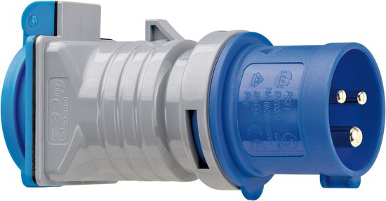 Grijze en blauwe CEE stekker met klapdeksel en de tekst "16A 6H/200-250V IP44".