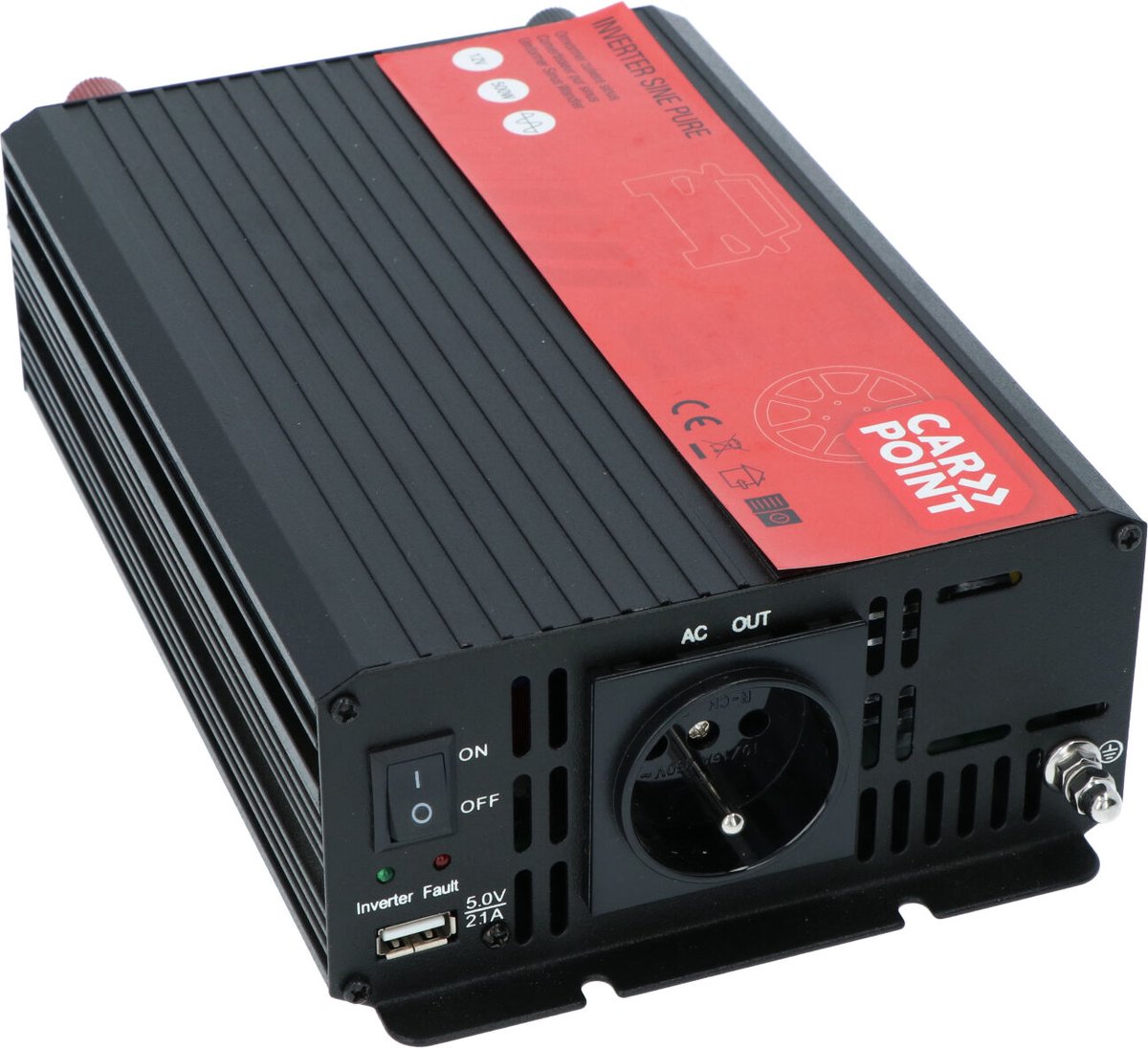 Carpoint Omvormer - 12V>230V - Zuivere Sinus - Continu vermogen 500W - Piekvermogen 1000 Watt – Uitgang Frans/Belgisch stopcontact – Permanente aansluiting op accu - Schokbestendig - Temperatuur geregelde koelventilator – Afmeting 210x150x70mm