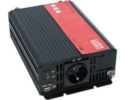 Carpoint Omvormer - 12V>230V - Zuivere Sinus - Continu vermogen 500W - Piekvermogen 1000 Watt – Uitgang Frans/Belgisch stopcontact – Permanente aansluiting op accu - Schokbestendig - Temperatuur geregelde koelventilator – Afmeting 210x150x70mm