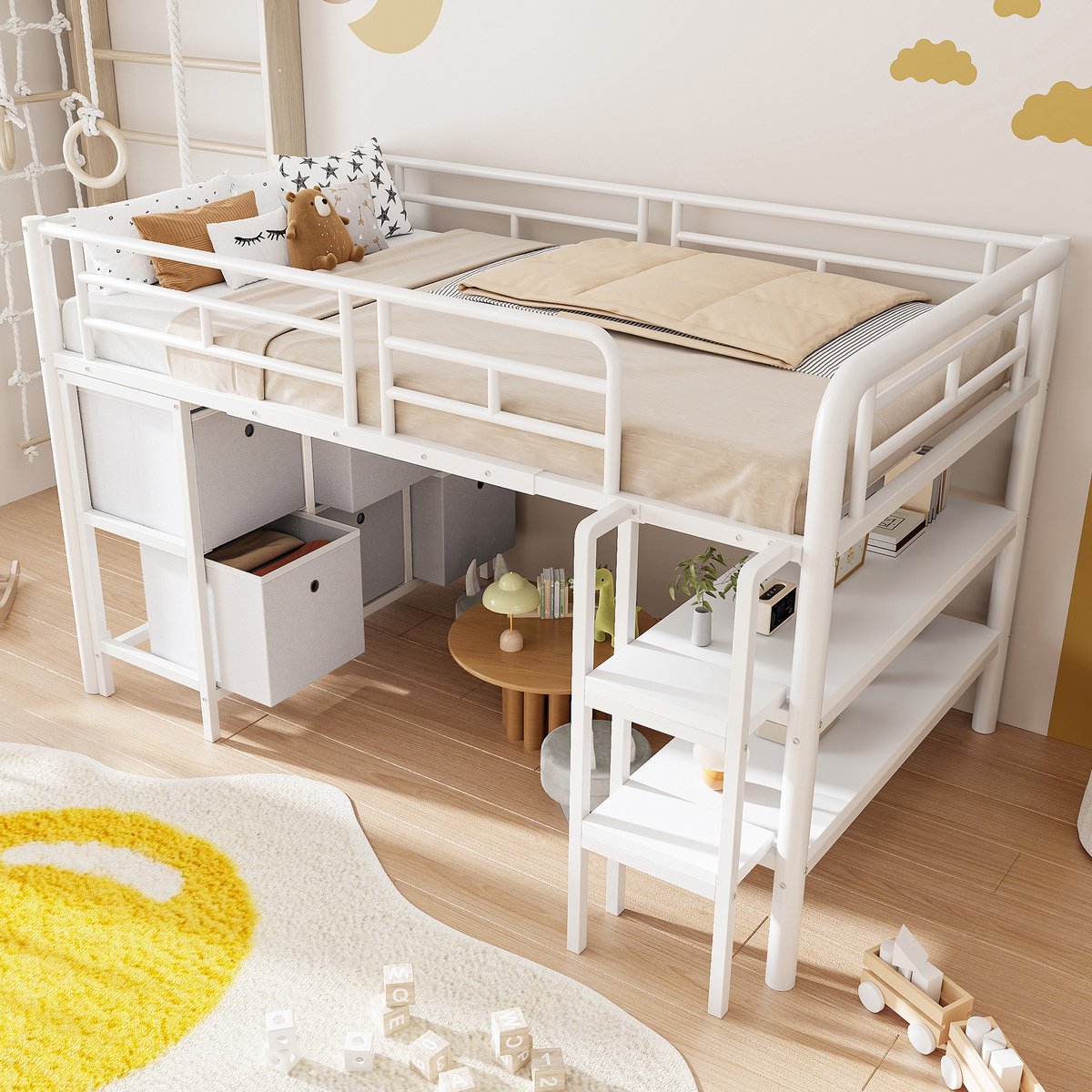 MIVRAY Kinderhoogslaper 90x200 cm - Lage Constructie Met Brede Trap, Lades En Open Vakken - Metaal En MDF - Wit - Zonder matras