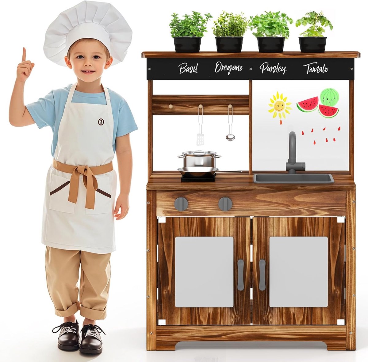 KOMFOTTEU Houten Modderkeuken - speelkeuken van dennenhout - buitenkeuken - buiten speelkeuken - met 4 kookaccessoires en plantenpotten - met krijtbord, gootsteen en kookplaten- voor kinderen vanaf 3 jaar