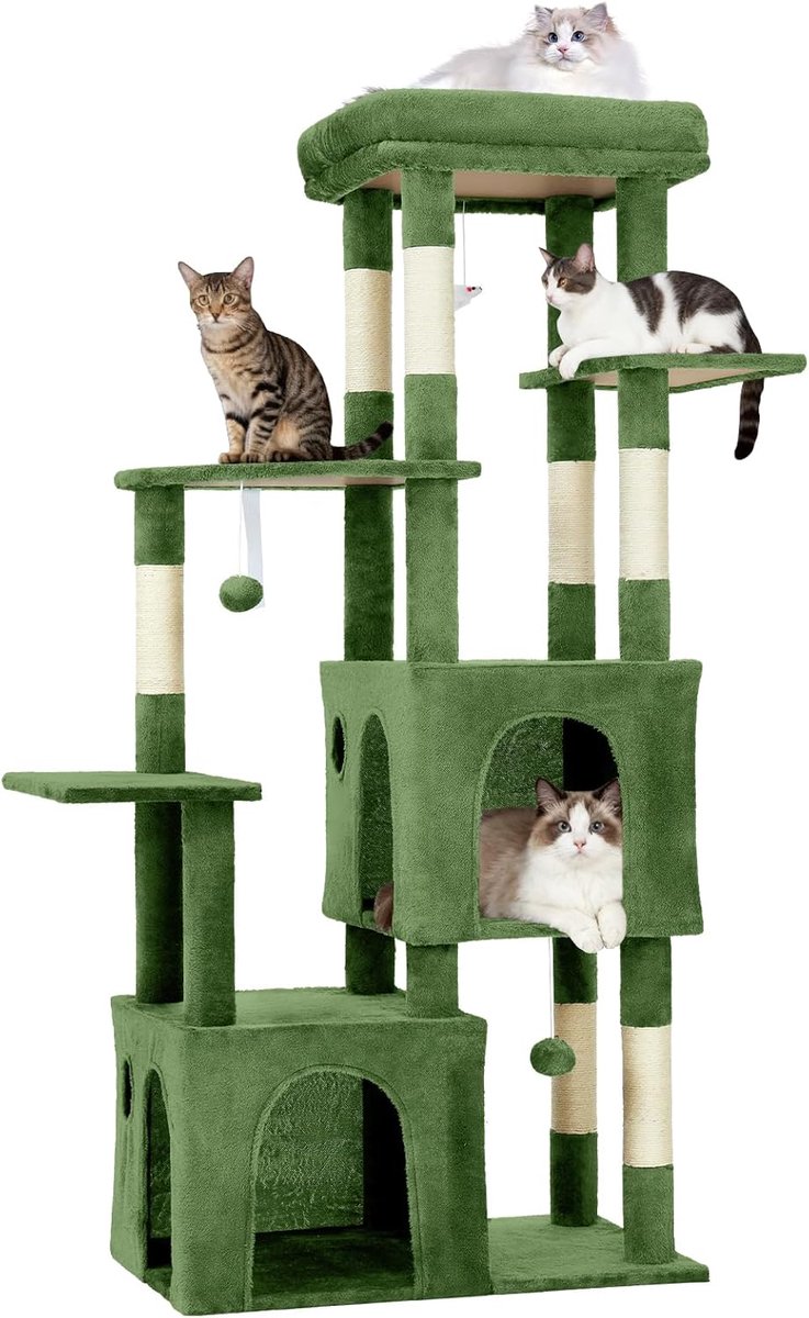 Krabpaal - Kattenkrabpaal 155 cm voor grote katten & Maine Coon - Meerniveaus klimboom met XL ligplateau, 2 ruime kattenhuisjes, 7 sisal krabpalen & speeltjes - Groen -72x45x155CM