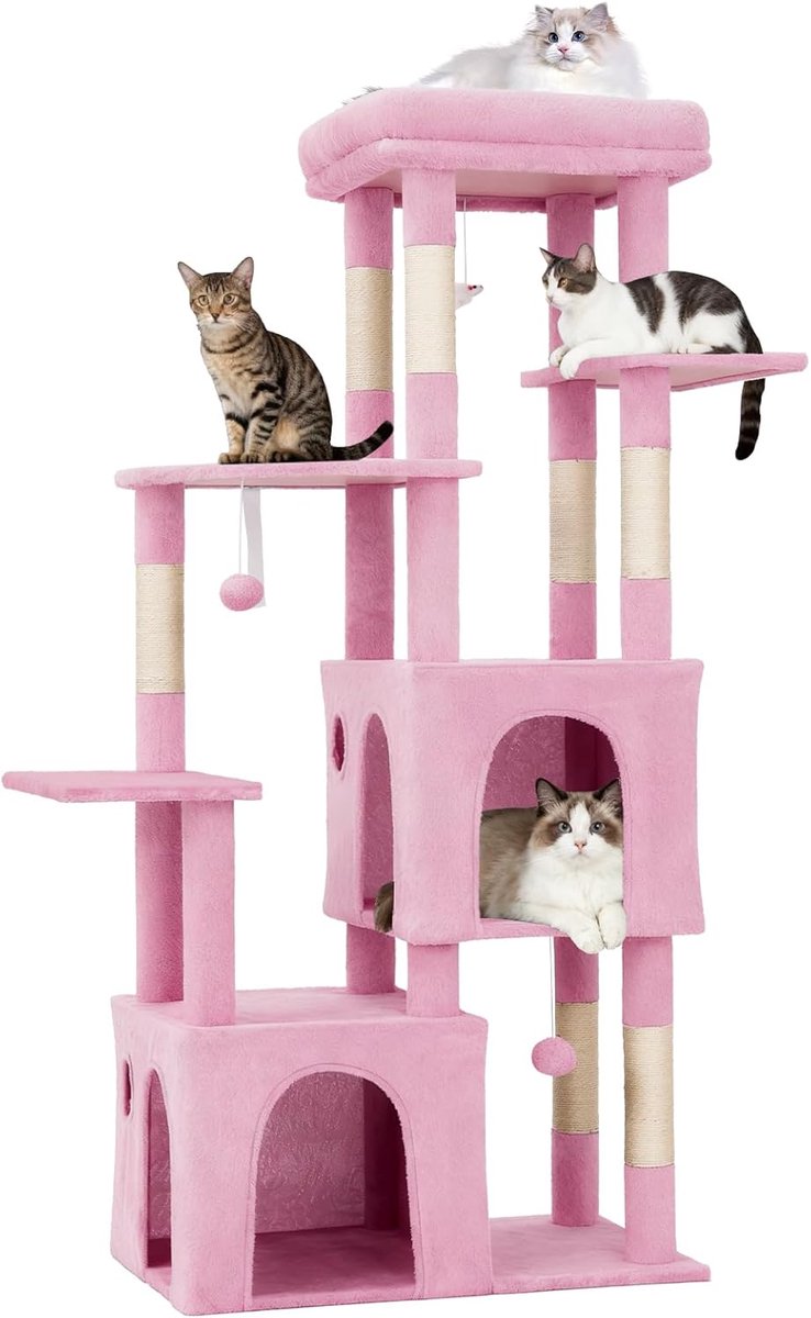 Krabpaal - Kattenkrabpaal 155 cm voor grote katten & Maine Coon - Meerniveaus klimboom met XL ligplateau, 2 ruime kattenhuisjes, 7 sisal krabpalen & speeltjes - Roze -72x45x155CM