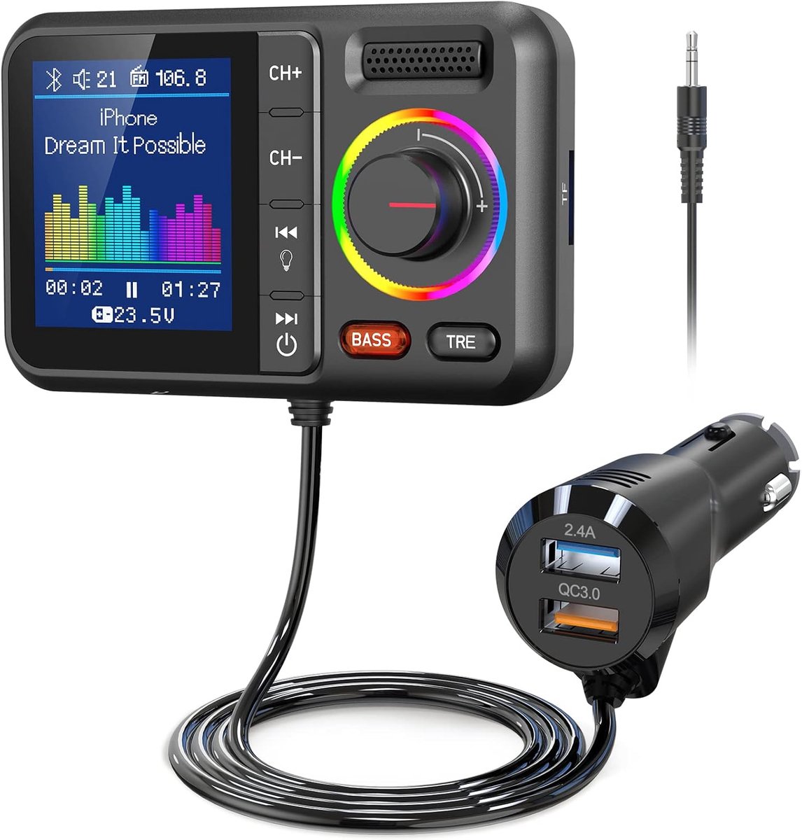 Autoradio met FM-Transmitter - Bluetooth V5.0 - Ondersteunt Handsfree Bellen Op Grote Schermen, Siri en Google Assistant - MP3-Muziekweergave - Subwoofer en Te-Uitbreiding - TF-Kaart/Aux-Interface - Zwart