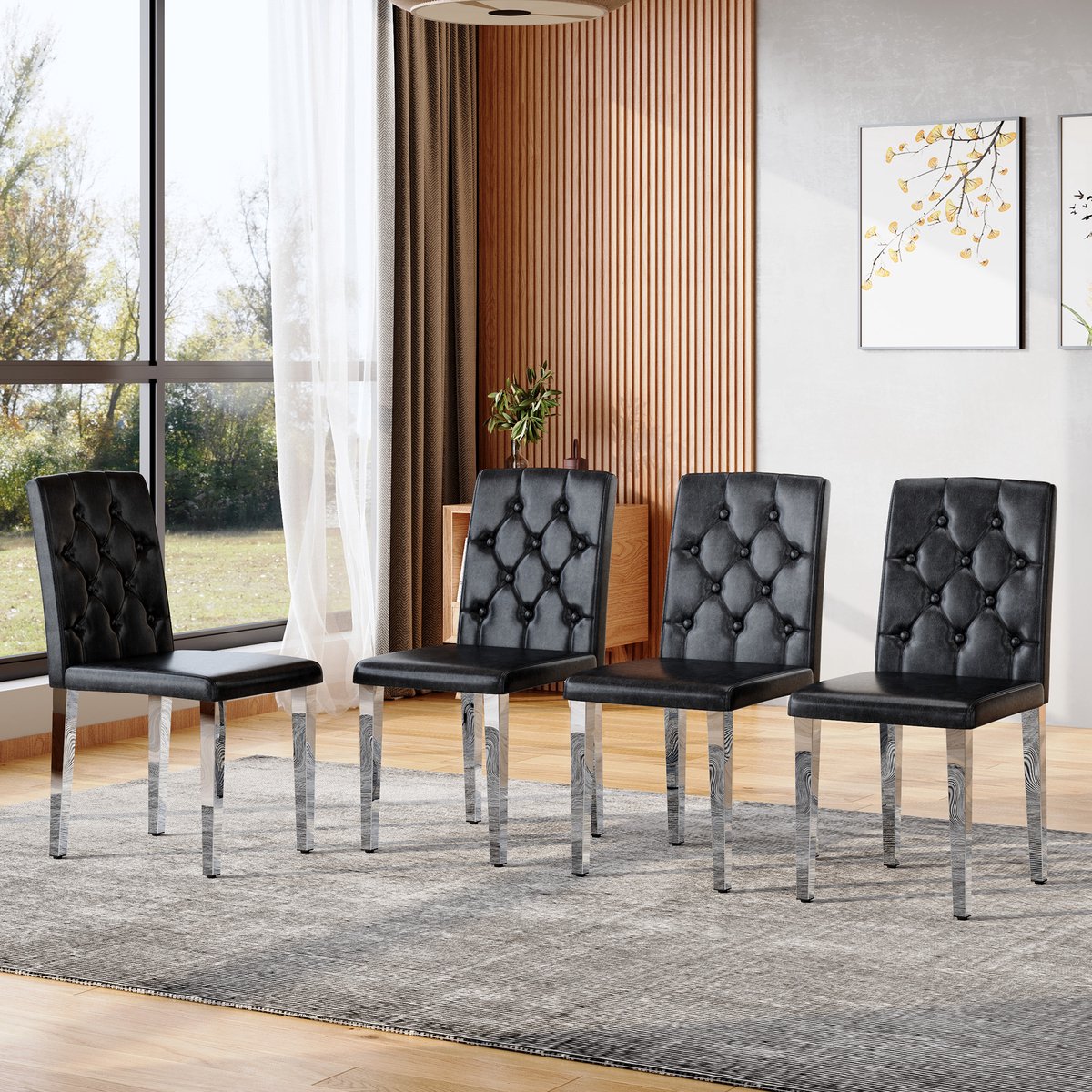OKWISH Eetkamerstoel Set Van 4 89 Cm – Ruitstik Rugleuning Met Knopen En Comfortschuim – Voor Eetkamer Café Of Ontvangst – Metaal En Pu Leer – Zwart Zilver Zwart+Zilver