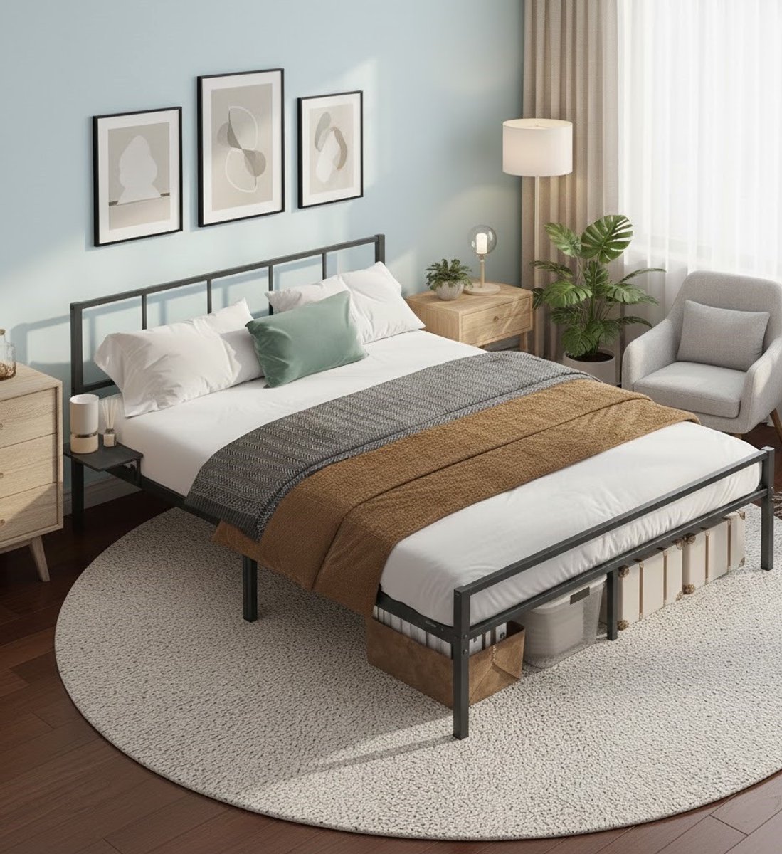 Modern Tweepersoonsbed met Hoofdeinde en Opbergruimte – 140 x 200 cm – Metalen Bedframe voor Tieners en Volwassenen – Robuust, Stijlvol en Praktisch – Inclusief Planken en Onderbedopslag House & Garden