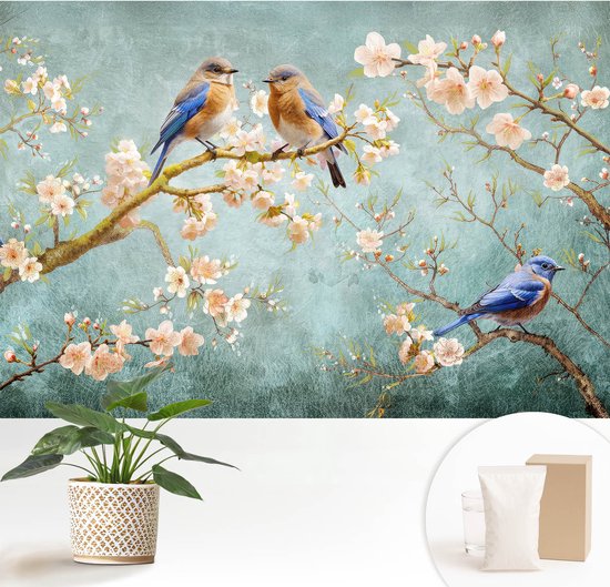 Wallfluent Behang - Lente vogels Vliesbehang - 152x104 cm - Blauw Behang - Voor natuurliefhebbers - Behang Voor de slaapkamer, woonkamer en kantoor - Wanddecoratie Bloemen en planten