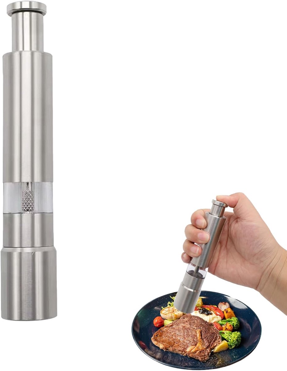 1 Stuks RVS Zout Peper Molens - Druk Knop - Modern Design (Zilver)