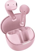 Roze oordopjes in een open oplaadcase, met de tekst 'REBEL' op een oordopje.