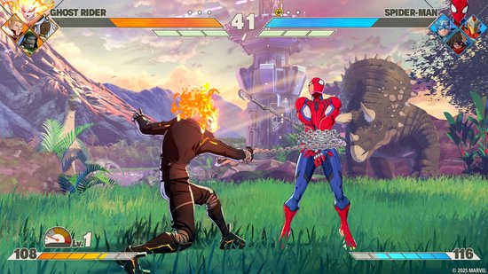 Ghost Rider en Spider-Man vechten te midden van prehistorische landschappen met dinosaurussen.