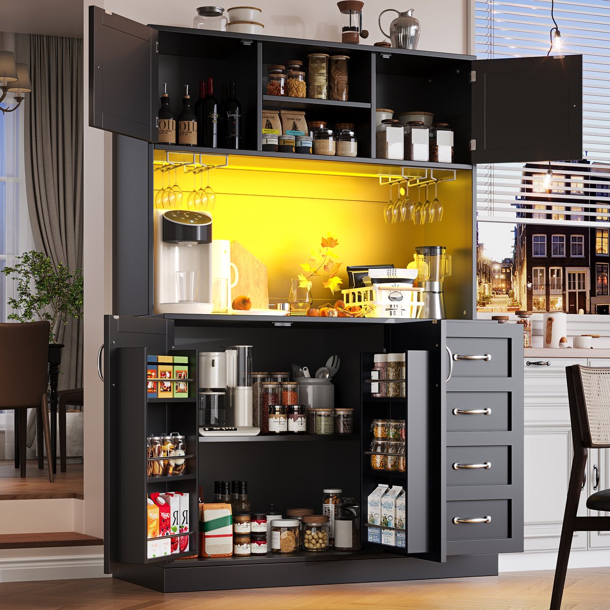 OKWISH Dressoir Opbergkast Met Ledverlichting Met App Bediening Voor Woonkamer Keuken Eetkamer Mdf Zwart 120×40×188 Cm