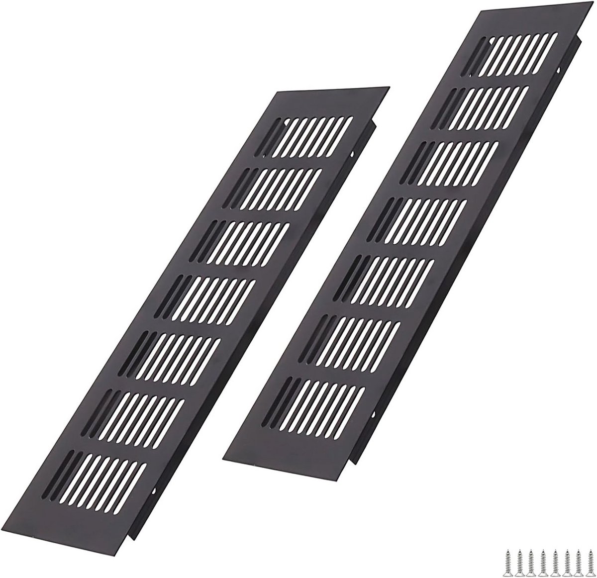 Set van 2 Aluminium Ventilatie Rooster 300x80mm Zwart - Hoekig Ontluchting voor Kast, Slaapkamer en Deur