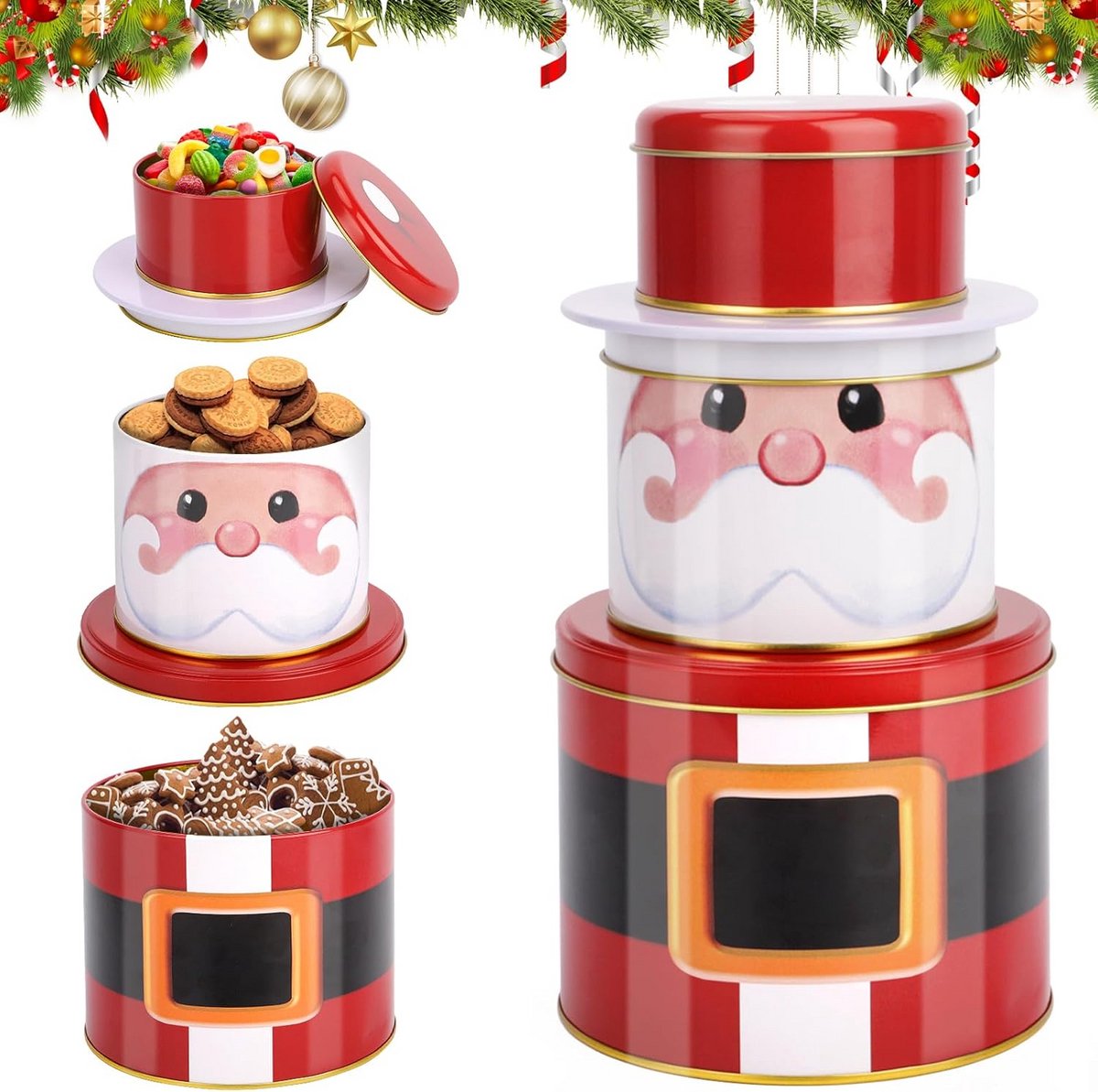 Set van 3 Ronde Metalen Koekjestrommels voor Kerstkoekjes