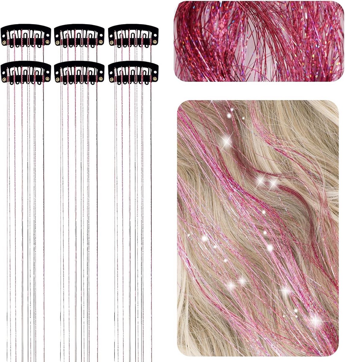 6 Stuks Glitter Haarverlengingen met Clip voor Feest & Vlechten