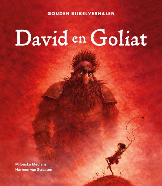 Boek kaft met illustration of the story of David and Goliath. Goliath is a large, fierce giant. David is a small boy with a sling.