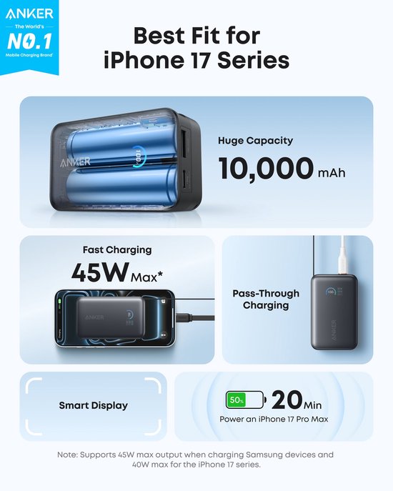 Anker Nano Powerbank - 10.000 mAh - 45W - InstaCord intrekbare