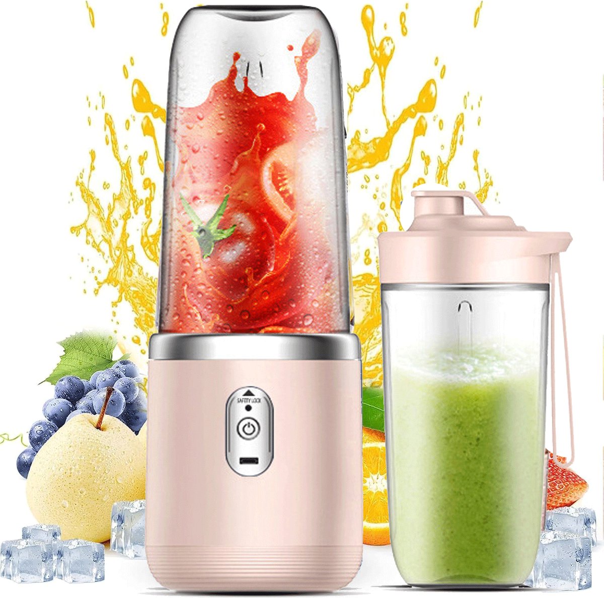 Smoothie maker - Draagbare blender - 400 ml+400 ml - blender to go - smoothie beker - smoothie blender - Persoonlijke blender - USB oplaadbaar - Inclusief een meeneembeker - Draagbare fruit- en groentesapbeker - 6 messen met reisdeksel - Roze