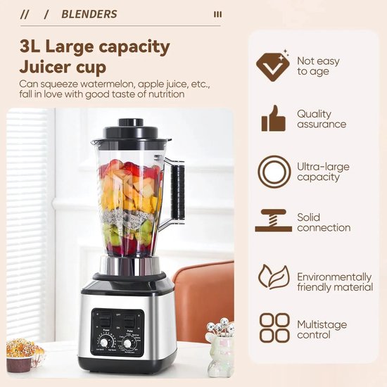 Delightness 3-in-1 Elektrische Blender - Blender Smoothie - Smoothie Maker - Keukenmachine - Blenders - 9500W - 3L+1,5L+0,5L - Wit van Merkloos — afbeelding 4