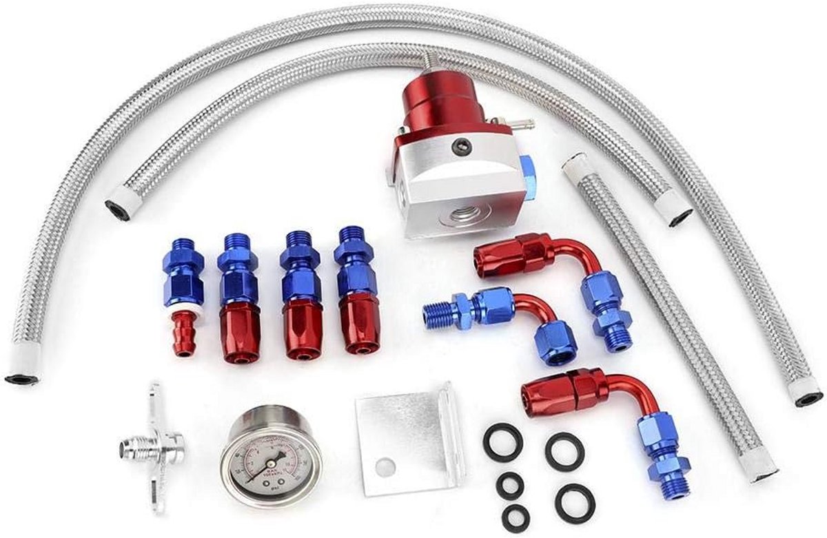 Universele Verstekbare Brandstofdrukregelaar Set RVS met Manometer (Rood/Zilver)