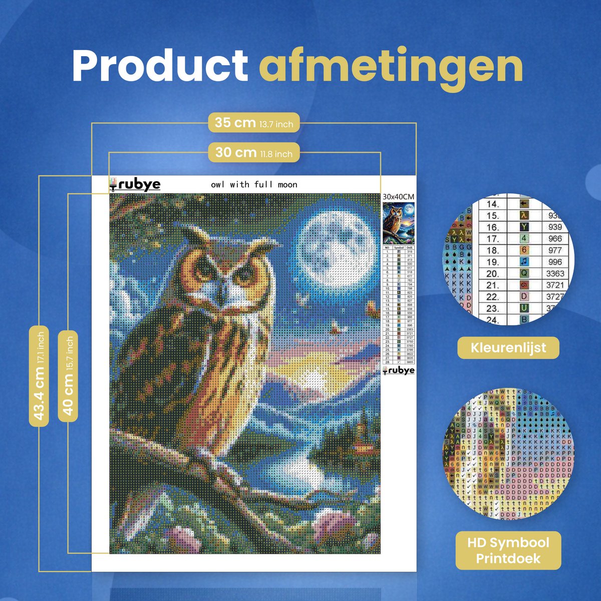 Rubye® Diamond Painting Volwassenen & Kinderen - Pakket Volledig - Nachtuil - 30x40cm — afbeelding 3