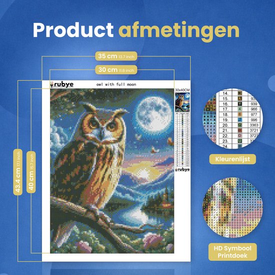 Rubye® Broderie diamant pour adultes et enfants – Kit complet – Hibou de nuit – 30x40cm