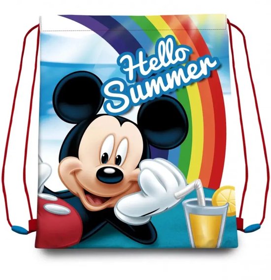 Zwarte gymtas met Mickey Mouse, een regenboog en de tekst "Hello Summer".