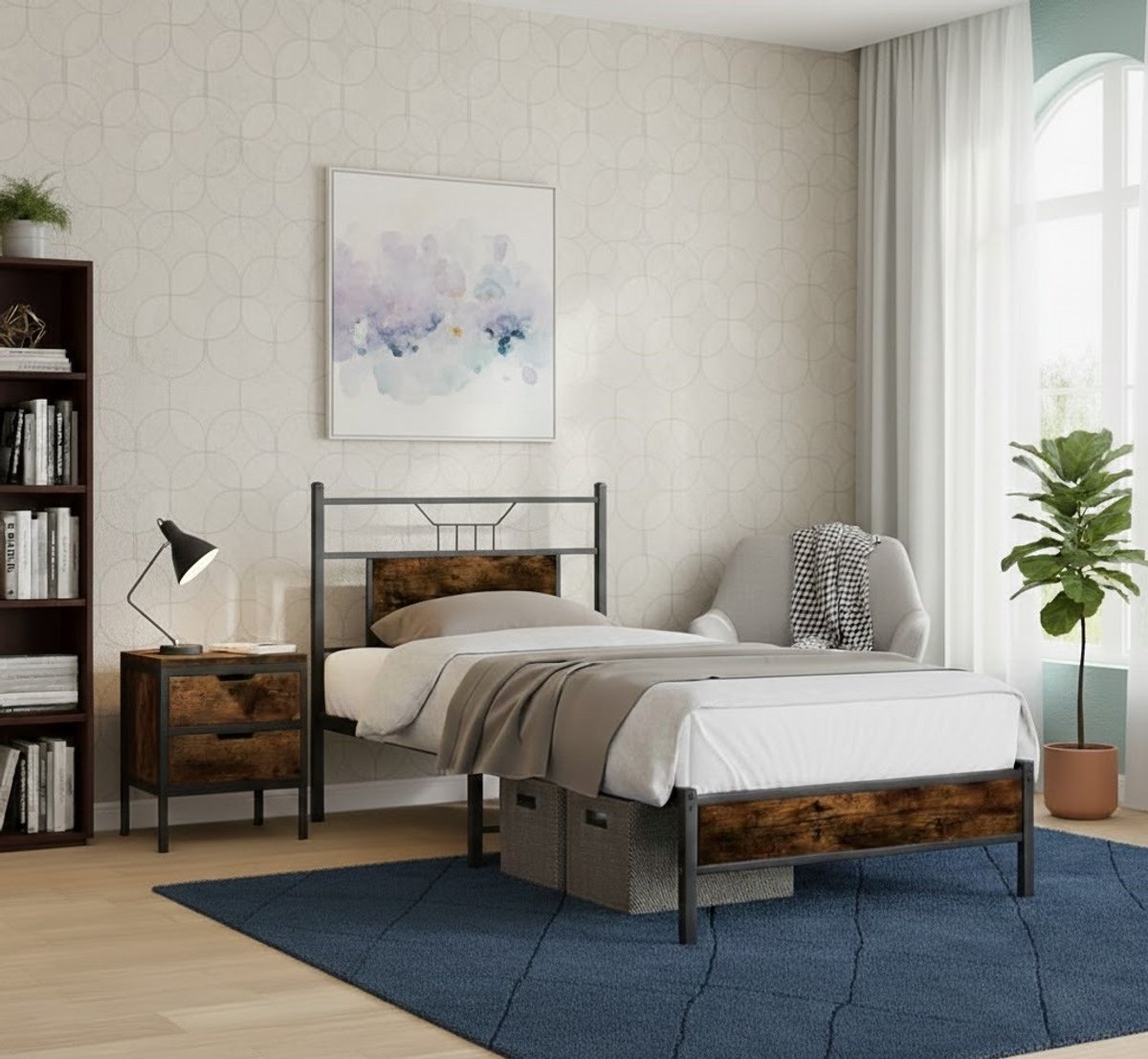 Industrieel Eikenhouten Eenpersoons Bed met Opbergruimte en Hoofdeinde 90x200 cm – Model 4106883 House & Graden