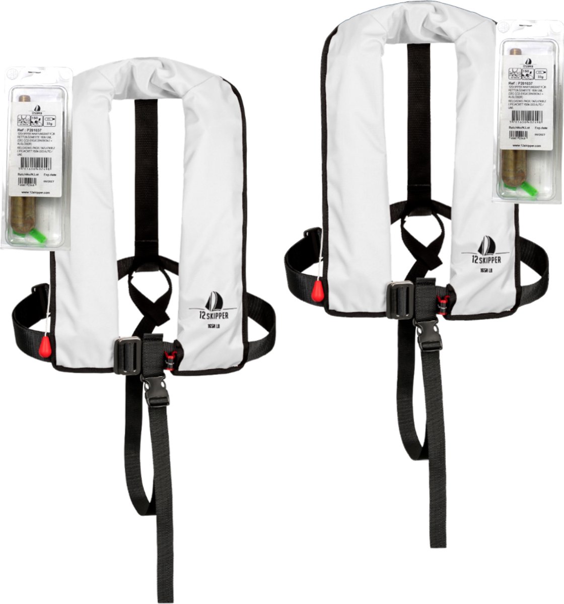 Set van 2: 12skipper automatisch reddingsvest 165N ISO met harnas, wit, en herlaadset
