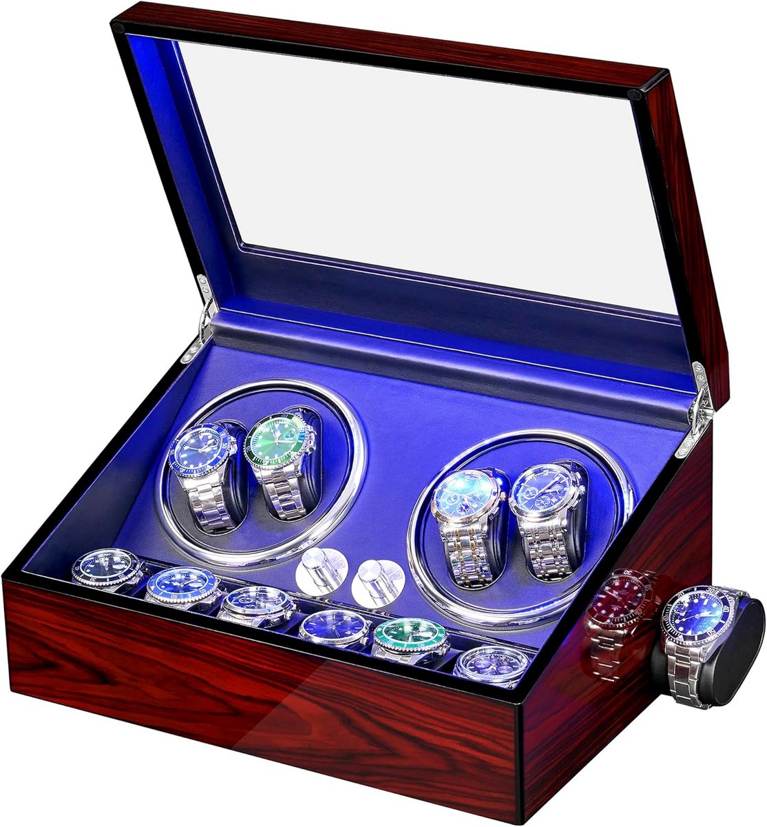 Luxe Watch Winder voor 4 Automatische Horloges met Extra Opbergruimte voor 6 Accessoires