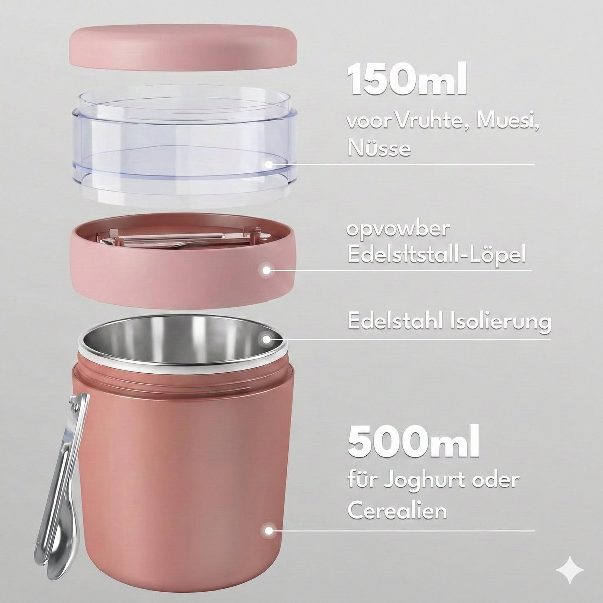 PromoHome Mueslibeker voor onderweg 650 ml - RVS geïsoleerd met lepel - Yoghurtbeker voor pap, muesli & cornflakes - BPA-vrij - Vaatwasserbestendig - Roze — cadeau in Koken & Dineren - foto 2