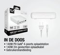 Verpakking, oplaadstation, stroomkabel en handleiding. Inhoud: 140W lader en 2m gevlochten kabel.